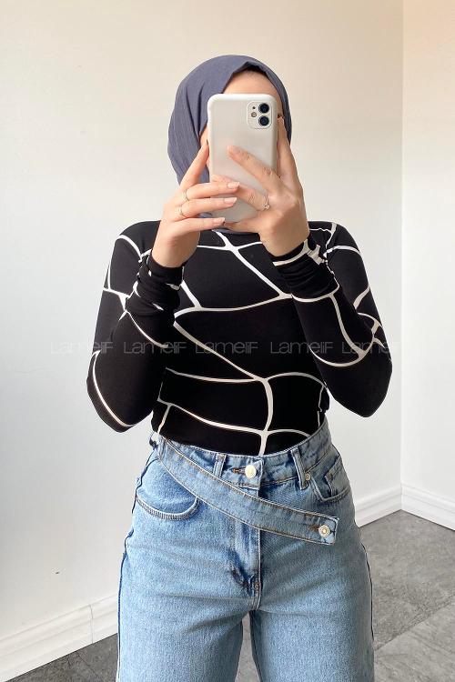 Lamelif Bisiklet Yaka Desenli Body Siyah