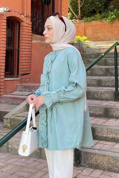 Plum Green Mandarin Collar Cotton Unprinted Tunic