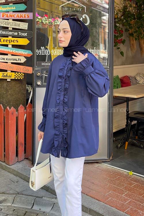 Lamelif Flores Fırfırlı Tunik Lacivert