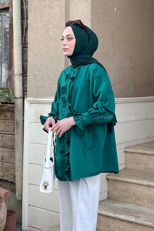 Lamelif Flores Fırfırlı Tunik Zümrüt