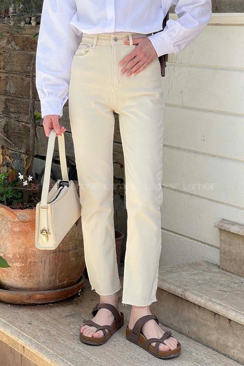Cream Denim Normal Waist Denim Pants