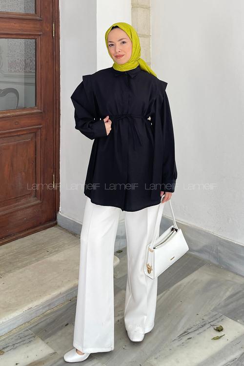 Lamelif Bel Bağlamalı Omuz Vatkalı Gömlek Siyah