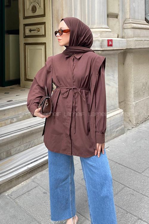 Lamelif Bel Bağlamalı Omuz Vatkalı Gömlek Acı Kahve