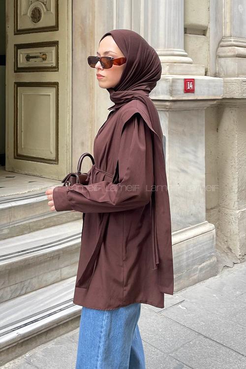 Lamelif Bel Bağlamalı Omuz Vatkalı Gömlek Acı Kahve