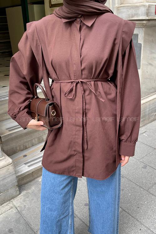 Lamelif Bel Bağlamalı Omuz Vatkalı Gömlek Acı Kahve