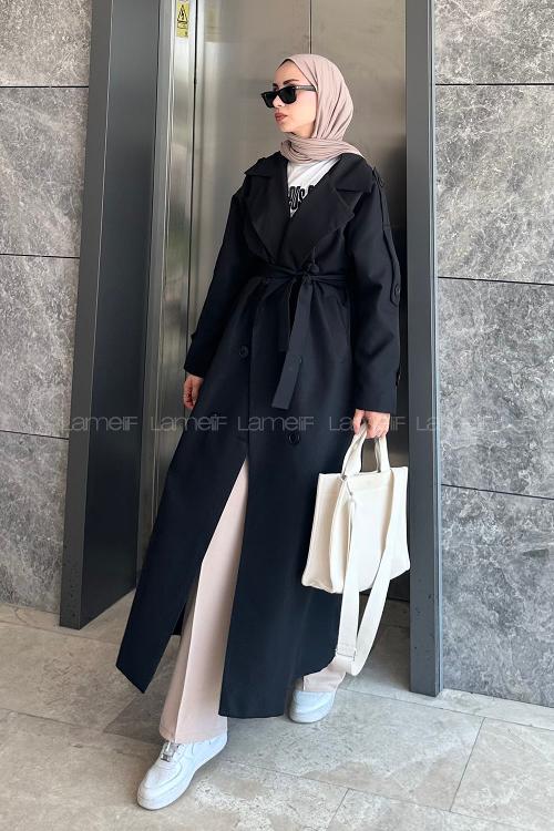 Lamelif Against Omuz Apoletli Trençkot Siyah