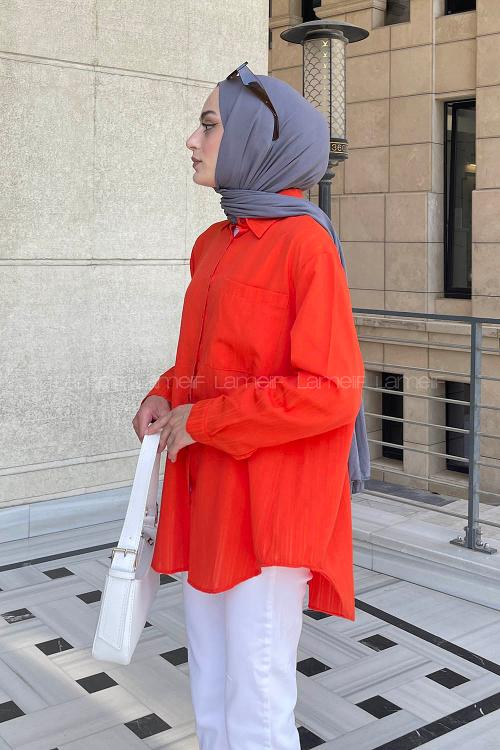 Lamelif Tek Cep Detaylı Çizgi Geçişli Gömlek Oranj