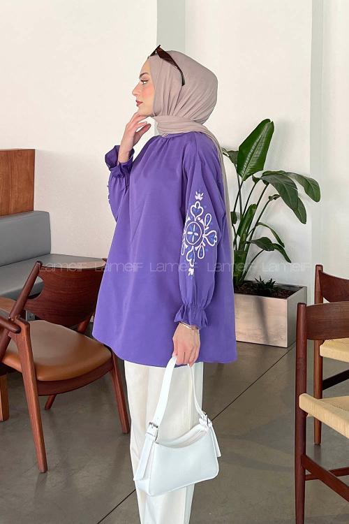 Lamelif Kol Baskılı Tunik Mor