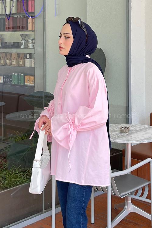Lamelif Kol Tünel İp Detaylı Gömlek Şeker Pembesi