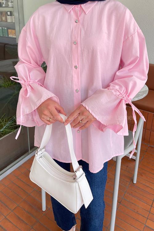 Lamelif Kol Tünel İp Detaylı Gömlek Şeker Pembesi
