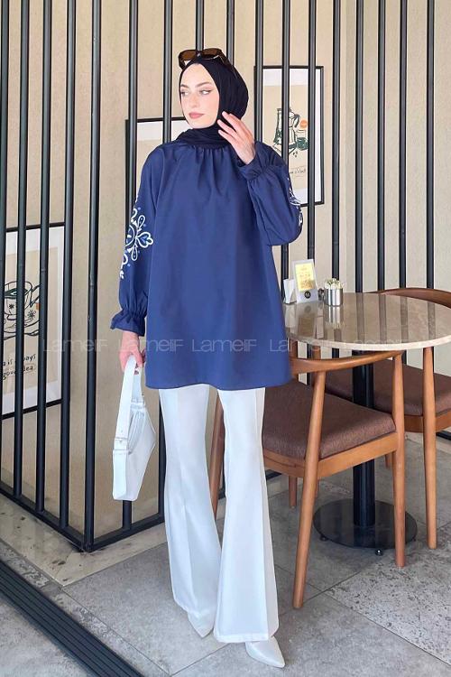 Lamelif Kol Baskılı Tunik Lacivert