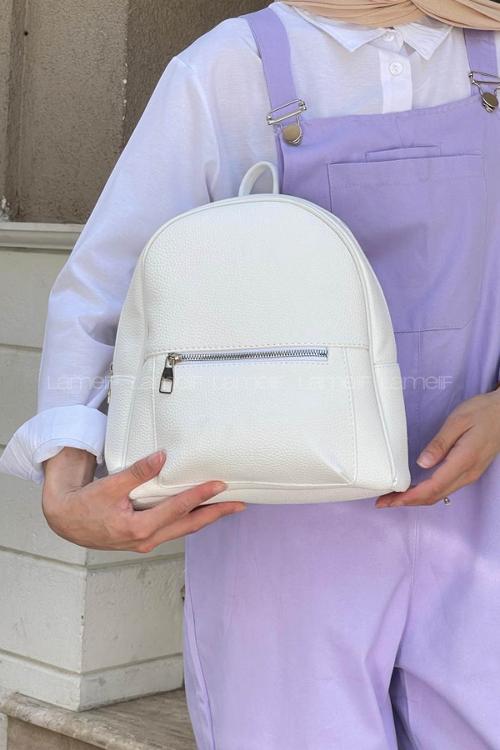 Lamelif İki Gözlü Suni Deri Sırt Çantası Beyaz