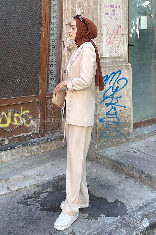 Lamelif Bağlama Detaylı Ceket Takım Taş Rengi