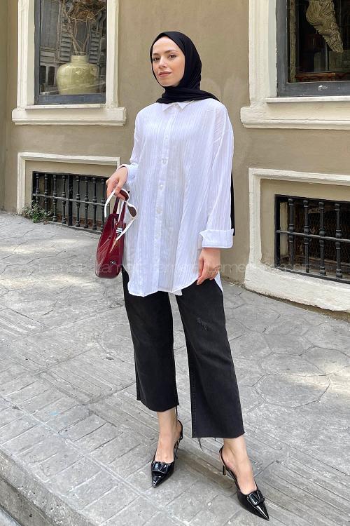 Lamelif Ovesize Gofre Gömlek Beyaz