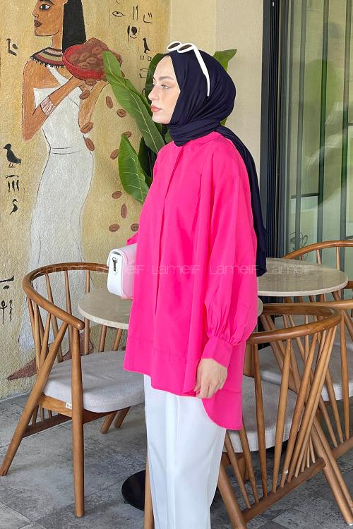 Lamelif Manşeti Biyeli Tunik Fuşya