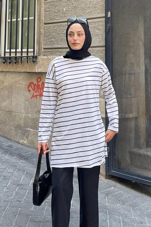Lamelif Çizgili Uzun Kol Tunik Beyaz-Siyah