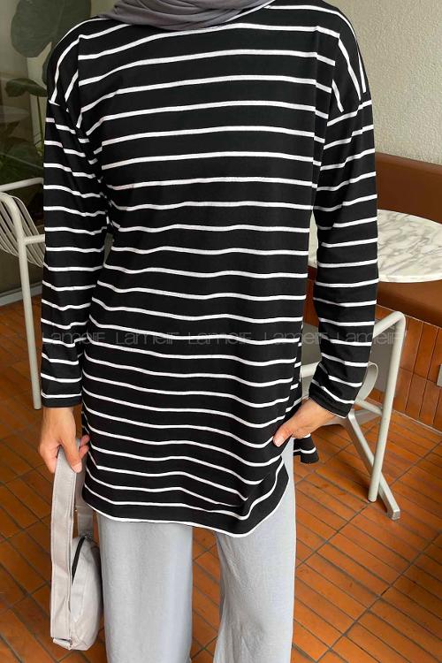 Lamelif Çizgili Uzun Kol Tunik Siyah