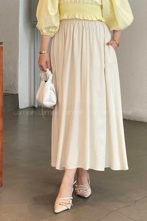 Lamelif Cep Detaylı Tensel Kloş Etek Krem