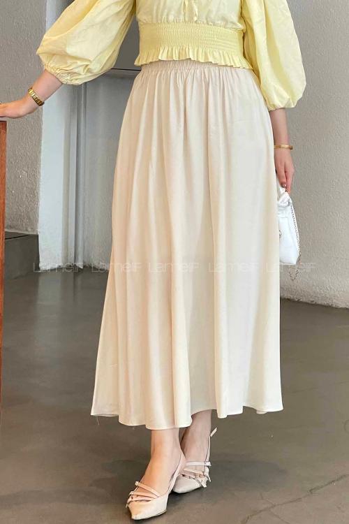 Lamelif Cep Detaylı Tensel Kloş Etek Krem