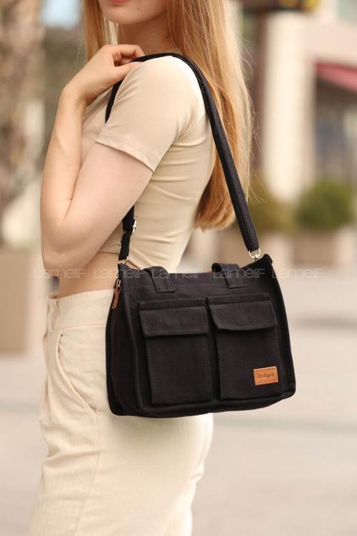 Lamelif Cepli Mini Kanvas Kadın Çapraz Çanta Siyah