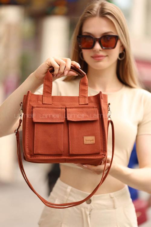 Lamelif Cepli Mini Kanvas Kadın Çapraz Çanta Taba