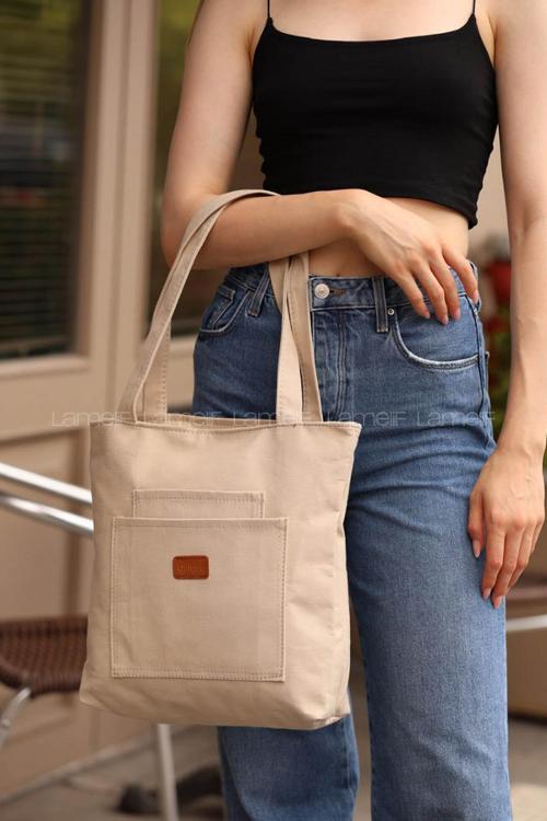 Lamelif Üç Gözlü Kanvas Antony Çanta Krem