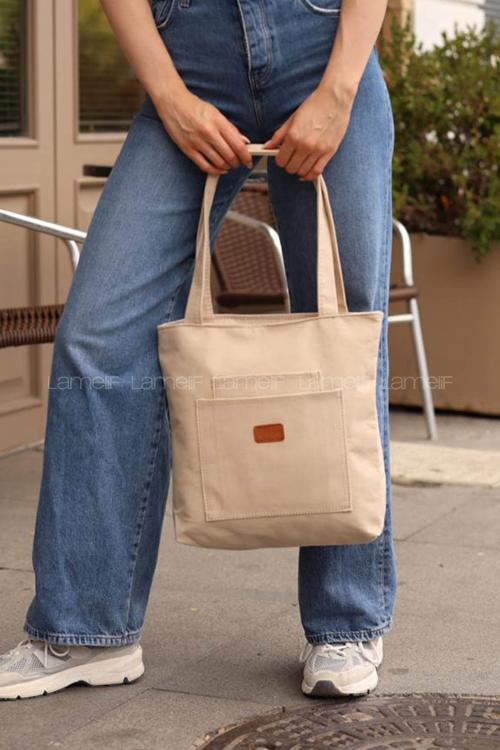 Lamelif Üç Gözlü Kanvas Antony Çanta Krem