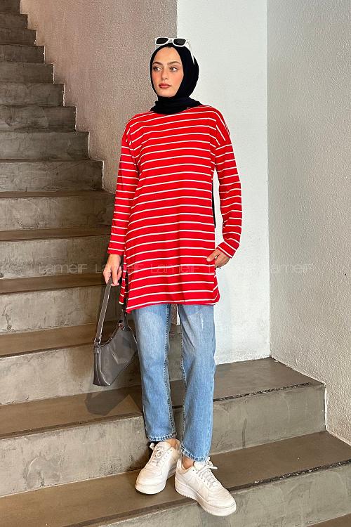 Lamelif Çizgili Uzun Kol Tunik Nar Çiçeği