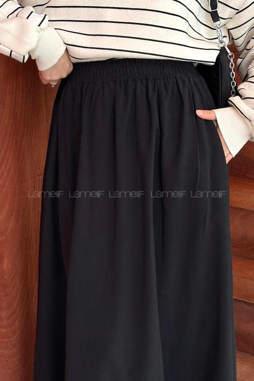 Lamelif Cep Detaylı Keten Etek Siyah