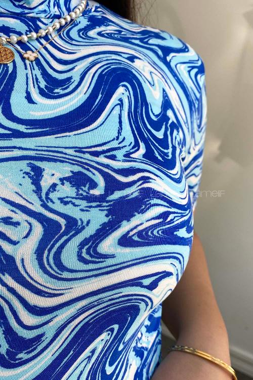 Lamelif Balıkçı Yaka Kısa Kol Ebru Desen Body Mavi