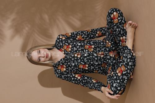 Lamelif Ayıcık Desenli Gömlek Yaka Pijama Seti