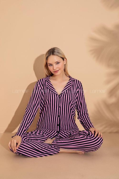 Lamelif Çizgi Desenli Gömlek Yaka Pijama Seti