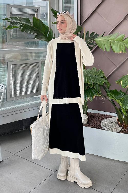 Lamelif Fitilli Kumaş Triko Tesettür Takım Krem