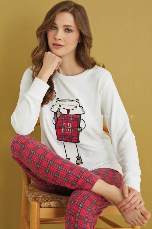 Lamelif Fun Times Kahve Desenli Termal Pijama Takımı Kırmızı