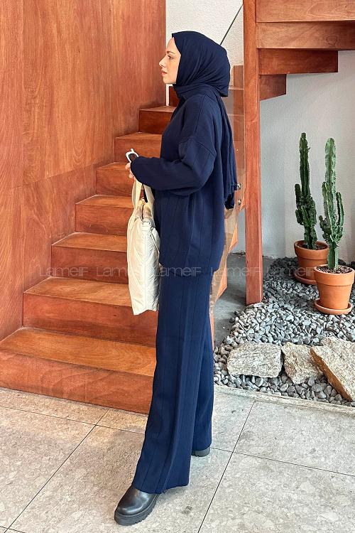 Lamelif Yaka Detay İkili Tesettür Takım Lacivert