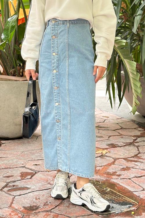 Lamelif Düğmeli Kot Etek Buz Mavisi