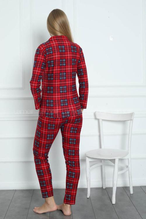 Lamelif Kırmızı Ekose Desen Düğmeli Pijama Seti