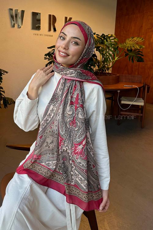 Lamelif Retro Desen Pamuk Şal Vişne