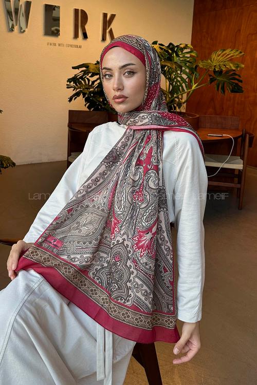 Lamelif Retro Desen Pamuk Şal Vişne