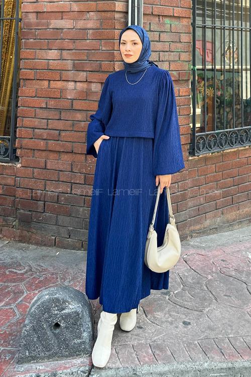 Lamelif Balon Kol Krinkıl Etek Tesettür Takım Lacivert