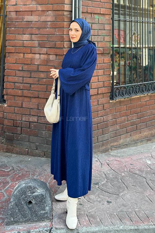 Lamelif Balon Kol Krinkıl Etek Tesettür Takım Lacivert