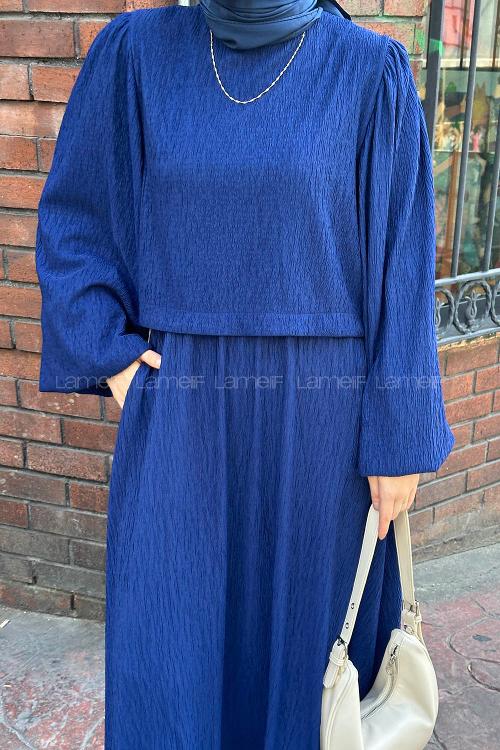 Lamelif Balon Kol Krinkıl Etek Tesettür Takım Lacivert