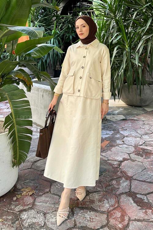 Lamelif Cep Detaylı İkili Etek  Tesettür Takım Krem