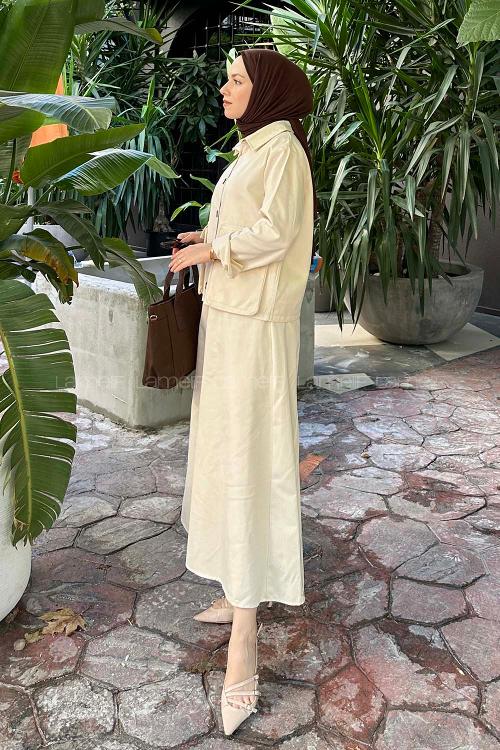 Lamelif Cep Detaylı İkili Etek  Tesettür Takım Krem