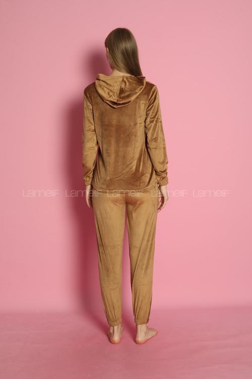 Lamelif Frans Kadife Kumaş Kapişonlu Pijama Takım Seti Camel