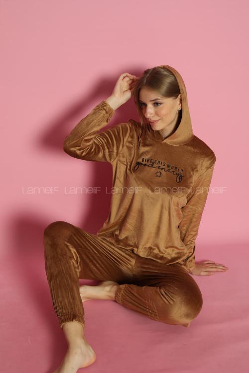 Lamelif Frans Kadife Kumaş Kapişonlu Pijama Takım Seti Camel