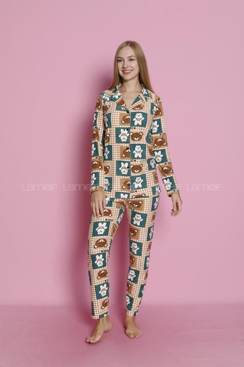 Lamelif Kedi Desenli Süet Kumaş Pijama Takım Seti