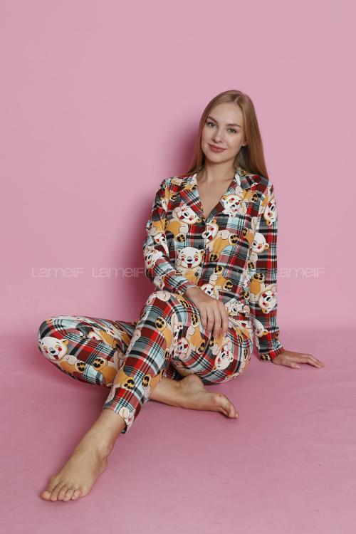 Lamelif Köpek Desenli Süet Kumaş Pijama Takım Seti