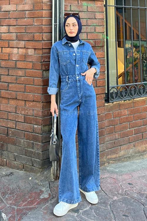 Lamelif Uzun Kollu Kot Tulum Kot Mavisi