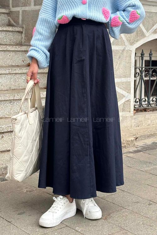 Lamelif Cep Detaylı Kloş Keten Etek Lacivert